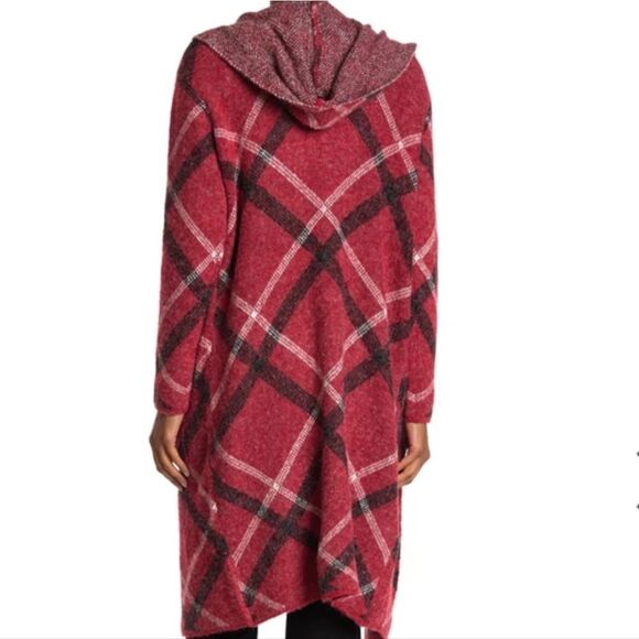 BRAND NEW JOSEPH A HOODED LONG CARDIGAN SWEATER COAT IN PLAID RED - Picture 2 of 12
